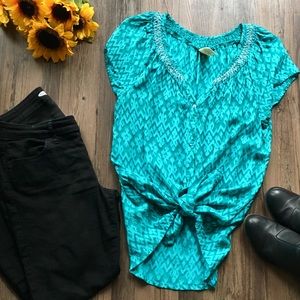 V neck short sleeve button up top